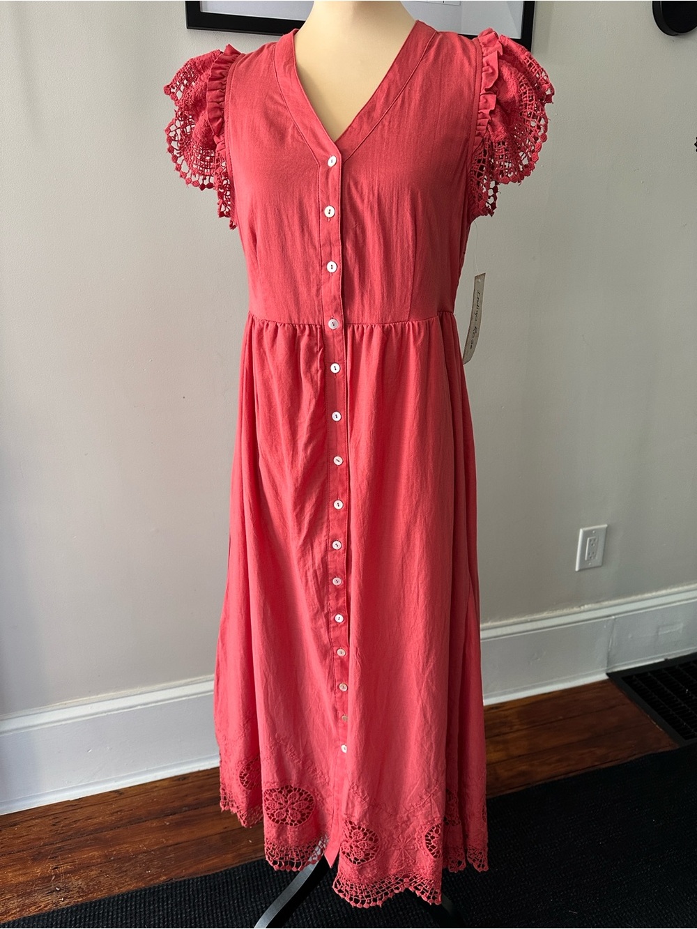 NWT Indigo Rose Coral Button Front Midi Dress Lace Sleeves Size M
